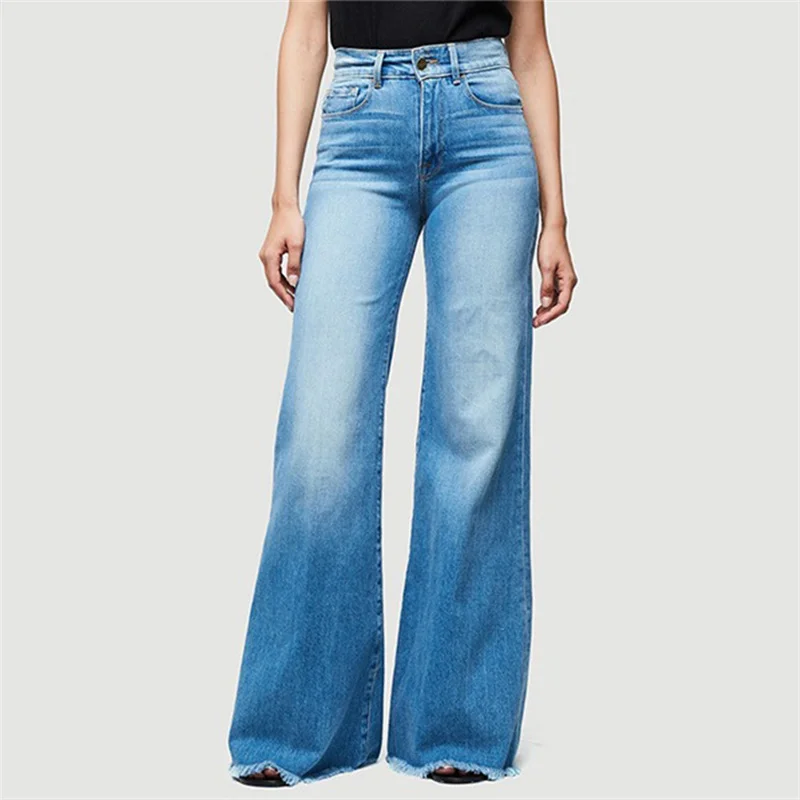 Cintura média queimado jeans feminino elegante commuter denim calças senhoras confortáveis casuais calças de perna larga tendência streetwear lavável