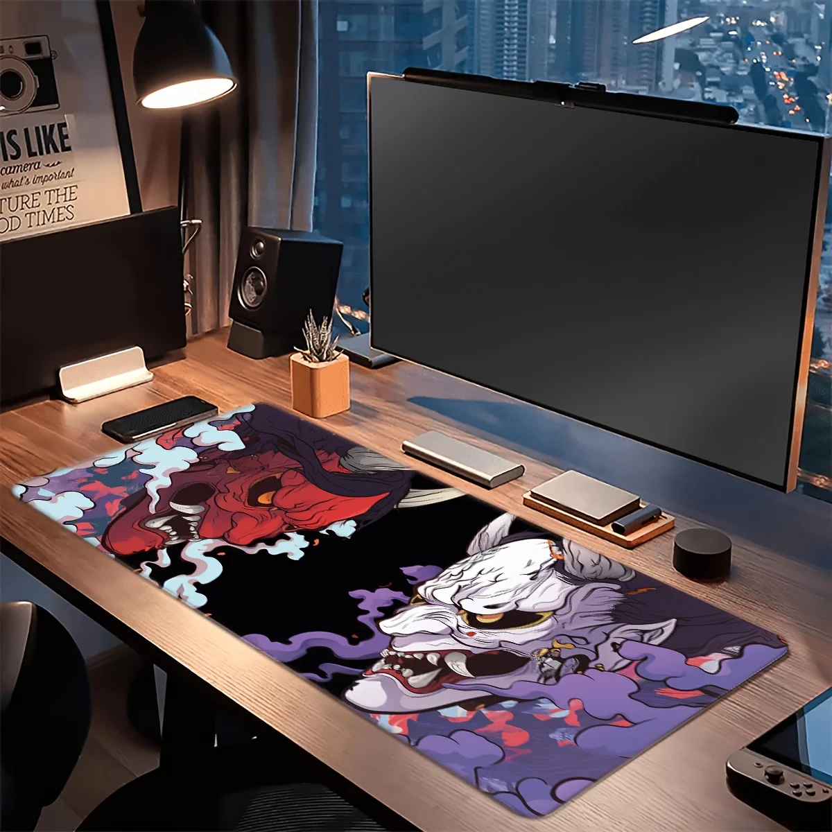 Japanese Hannya Oni Mask Desk Mat Large Non-slip Gaming Mouse Pad XXL Red White Demon Pattern Deskmat for Office Keyboard