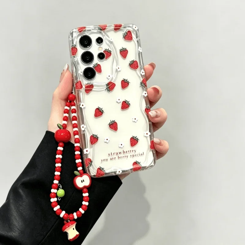 Case For Samsung Galaxy S26 Ultra S25 S24 Plus S23 FE A17 A06 A07 A16 A56 M16 A36 A55 A15 Cute Strawberry Fruit Chain Cover
