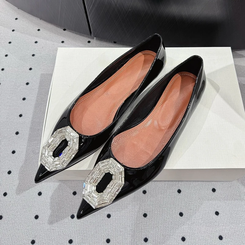 

Pointed Toe Patent Leather Mary Jane Shoes Women's Rhinestone Decor Solid Color Flat Shoes Summer Shallow Mouth Single Shoes