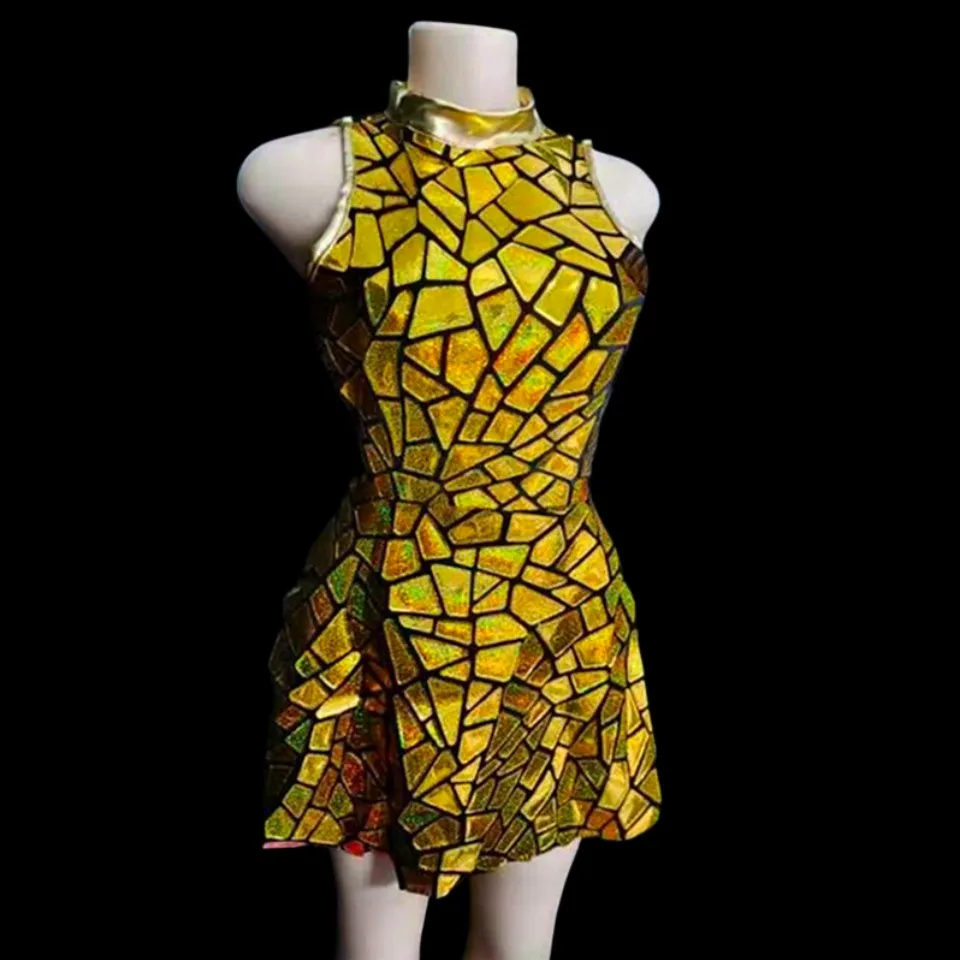 

Женское золотое короткое платье с лазерными пайетками для клубных вечеринок, дней рождения, карнавалов, фестивалей, рейвов, костюм для танцовщиц, команд, певиц, сценических выступлений