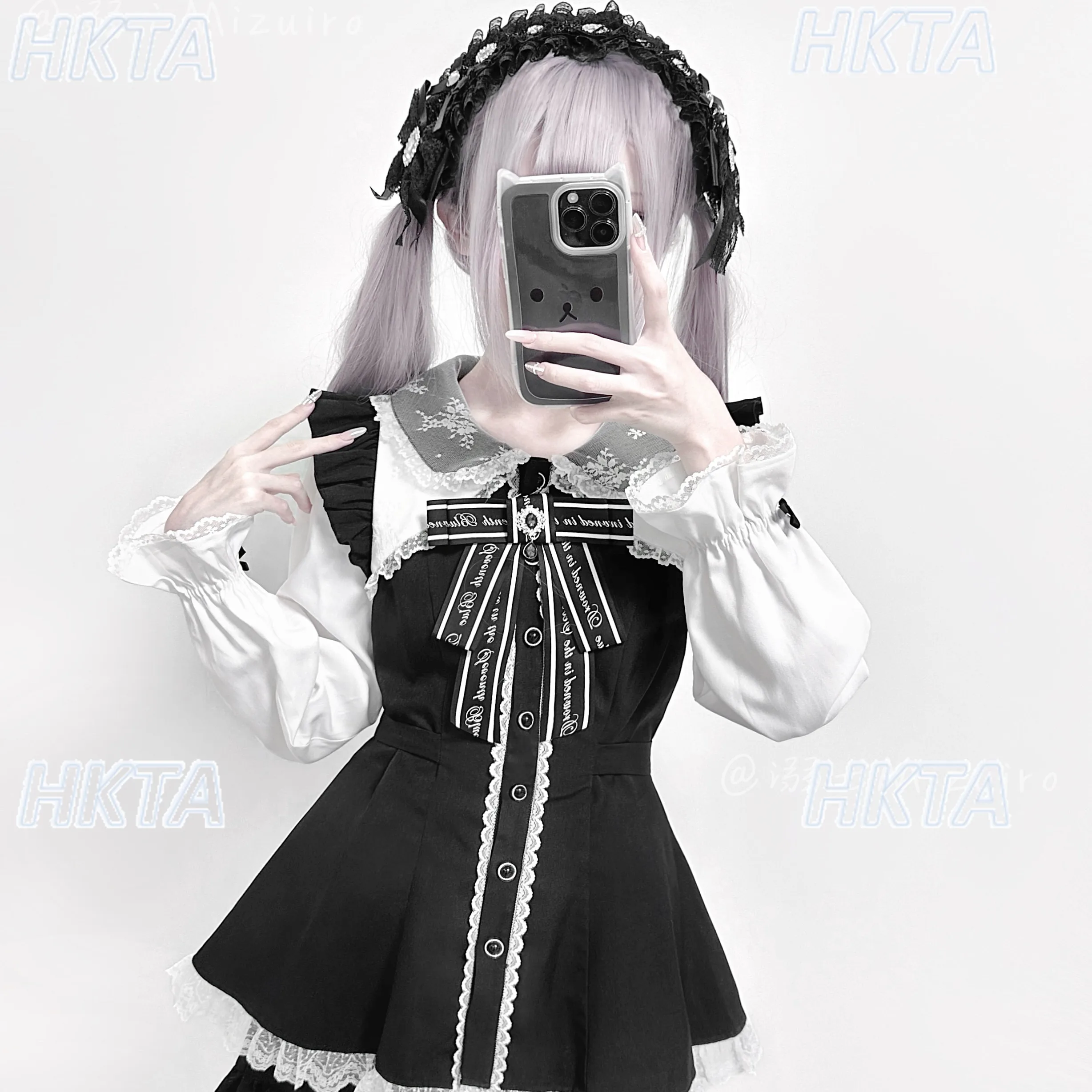 Japanese 2026 Summer New Subculture Y2k Goth Lace Doll Collar Petal Long Sleeve Bow Sweet Lolita Dress Black Shorts Sets Women view 2