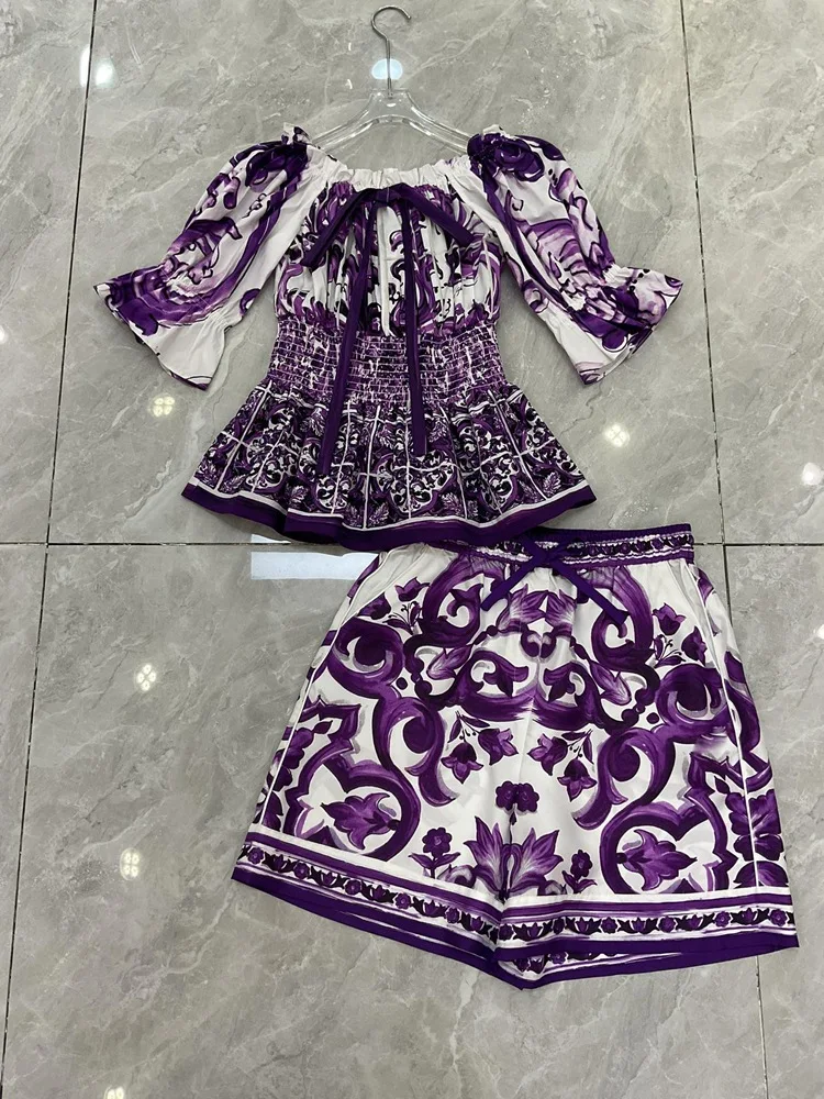 デザイナー ボヘミアン オフショルダー トップ レディース – 綿 100% パープル ポーセリン プリント ブラウス |   2025年夏のビーチホリデー衣装