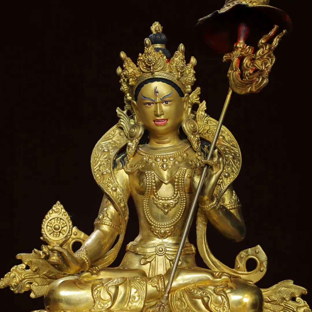 Home worship of religious bronze gilded painted Tibetan Buddha statue Size: Height 34 cm, Width 27 cm, Thickness 17 cm, Weight 3