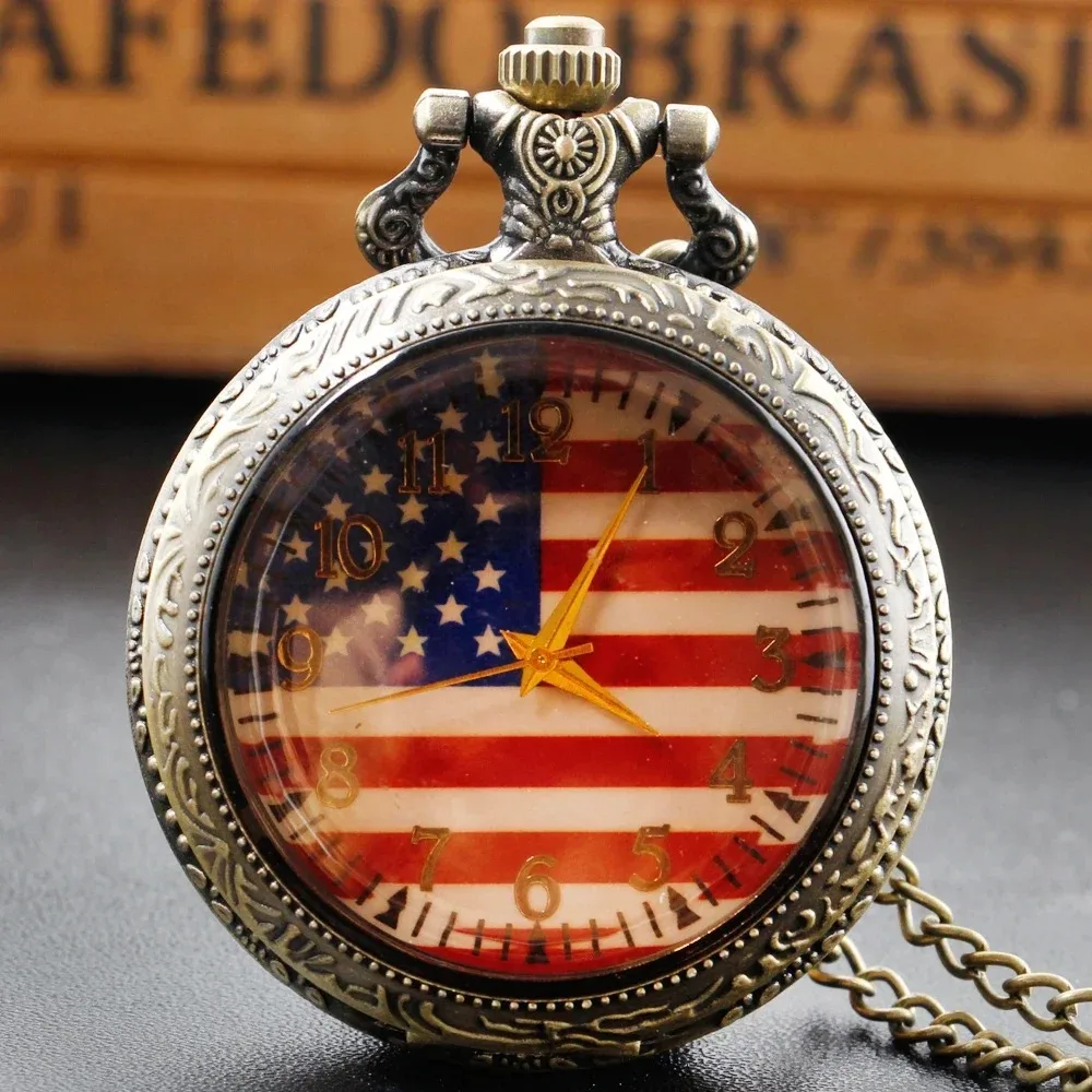 Flag Pattern Fashion Roman Digital Quartz Pocket Watch Men's and Women Necklace Pendant Pocket Watches with Chain Gifts