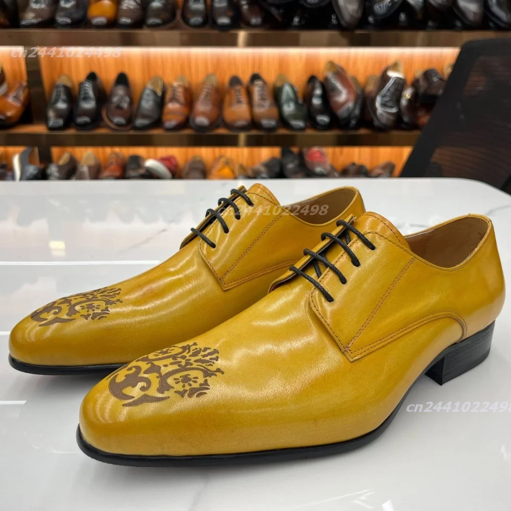 Pattern Printed Square Toe Lace Up Men Oxford Shoes, Low Block Heel Formal Dress Footwear, Solid Color Yellow White Two Colors