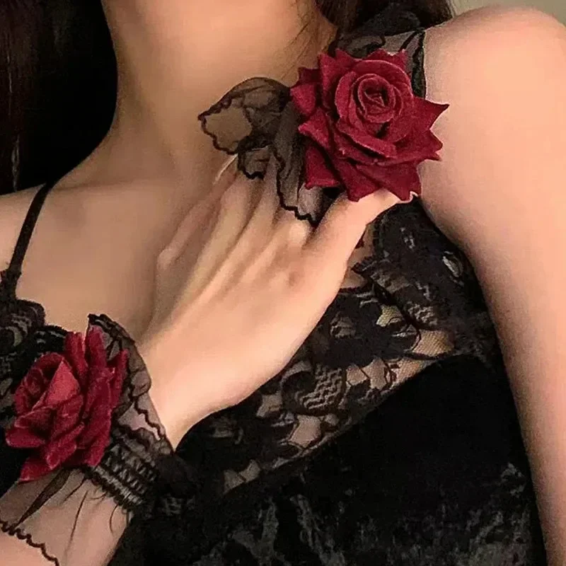 1-4Pairs Lolita Lace Wrist Cuffs Black Gothic Accessories with Burgundy Rose Flower for Women Fashion Costume Party Dress Up