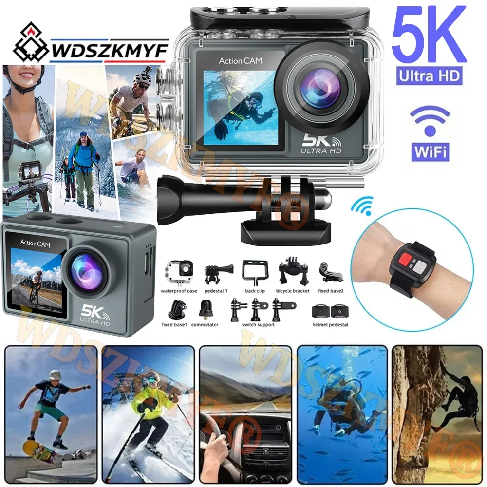 5K 4K EIS Action Camera Dual Screen 2.0+1.3inch Touch Screen 50MP Waterproof 30M Helmet Sports Cam Bike Motorcycles Mounts Cam