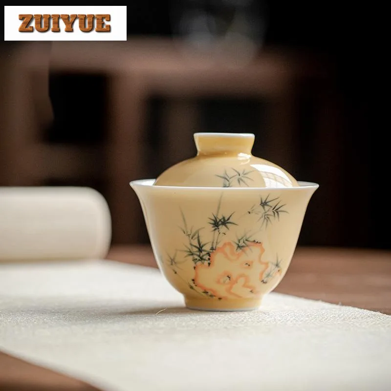 

140ml Apricot Yellow Hand-painted Bamboo Bowl Household Anti Scald Cover Bowl Aesthetic Tea Tureen Tea Cup Tableware Ornaments