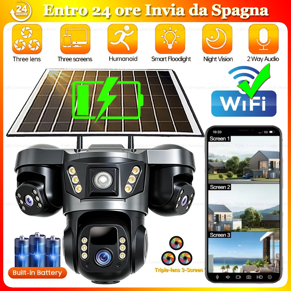 Telecamere solari WiFi con 3 obiettivi, 3 angoli di monitoraggio, per esterni, per la sicurezza domestica intelligente, protezione HD, visione notturna, controllo remoto 360 PTZ, alimentazione