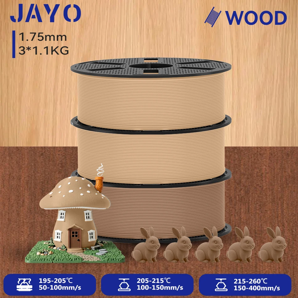 JAYO 3 Rollen Holz-PLA 3D-Filament 1,75mm 1,1KG/Rolle PLA Holztextur 3D-Drucker-Filament 10-15% Holzfaser 3D-Druckmaterialien