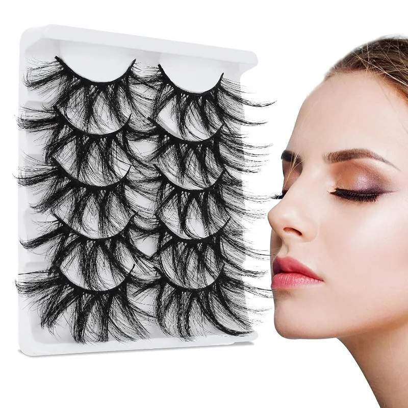 Dramatic 25 Mm Artificial Mink Eyelashes Pack of 5 Pairs Wispy Long Thick Fluffy Strip Eye Lashes