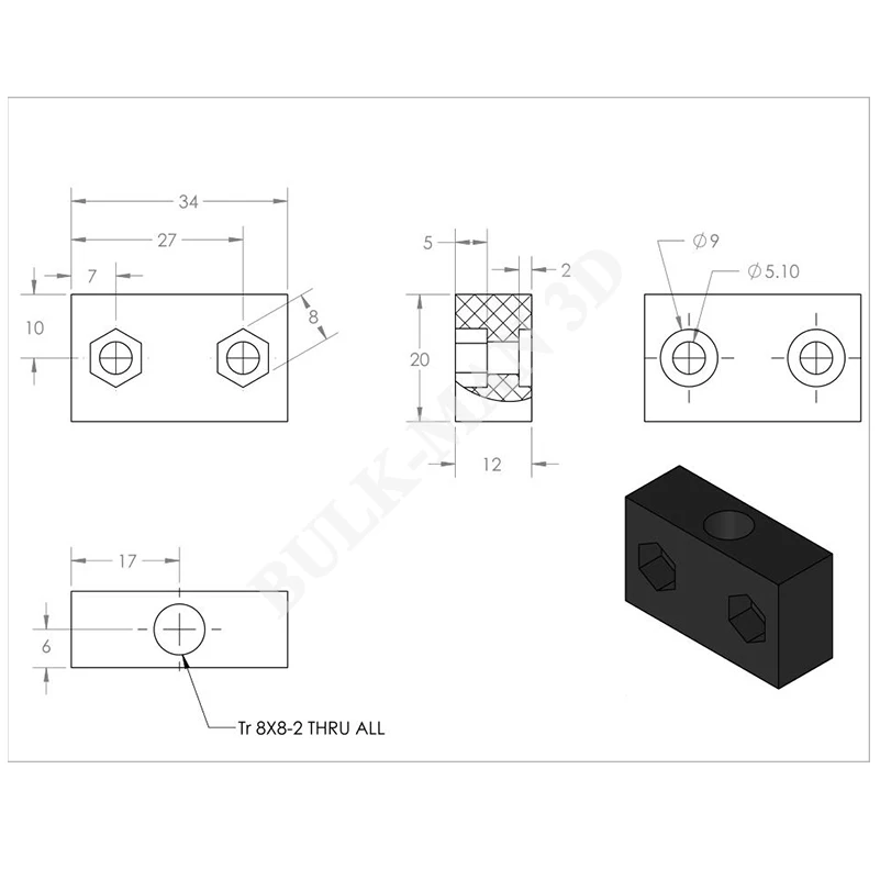 Openbuilds Acme Nut Block for 8mm Metric Acme Lead Screw 2mm 4mm 8mm Lead T Thread POM Trapezoidal Metric Acme Tap T8