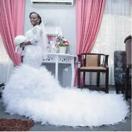 Customized Mermaid New African Royal Train Lace Plus Size Fishtail Long Sleeve Ruffled Skirt Wedding Gowns 2023