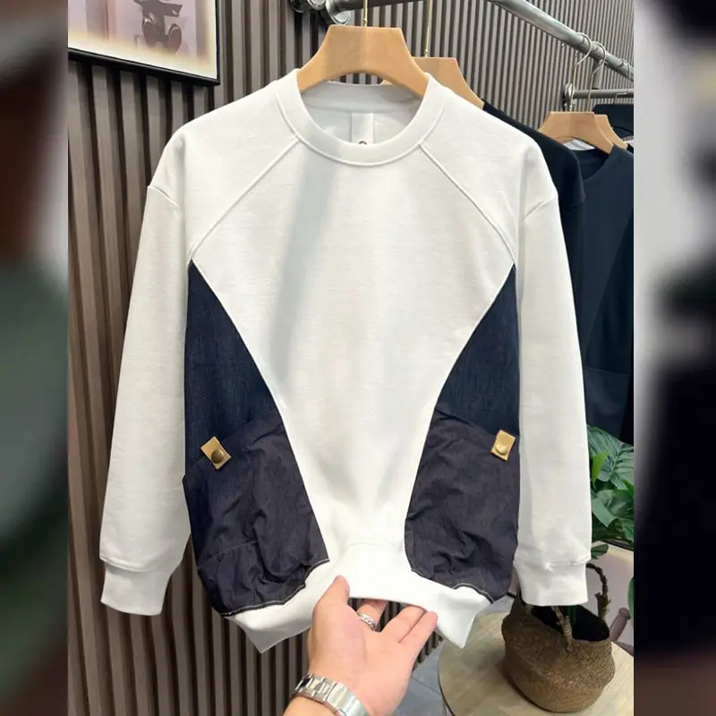 Sweatshirts for Men Pocket Contrasting Colors Round Neck Man Pullover Cotton Splicing Crewneck Sweatshirt 90s Vintage Y2k Winter