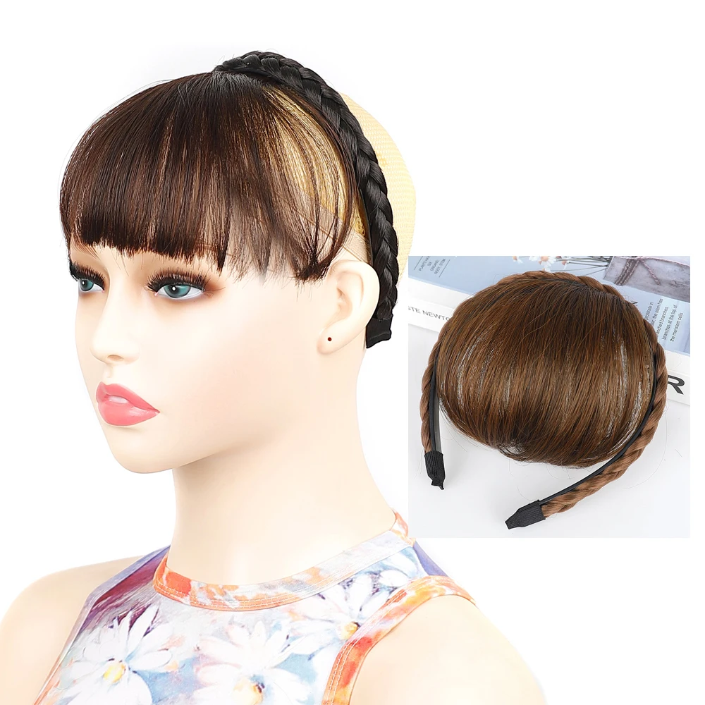 Diadema trenzada sintética con flequillo de flecos, extensiones de Peluca de cabello resistentes al calor para mujeres y niñas, accesorios para el cabello