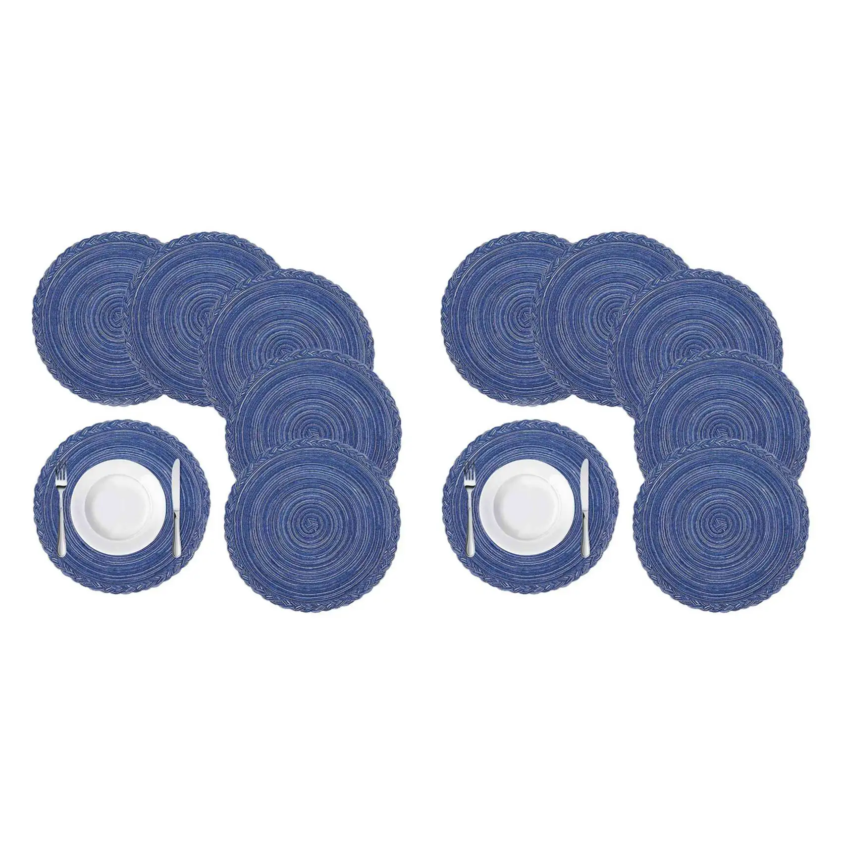 

Round Braided Placemats for Dining Table Set of 12 - Woven Heat Resistant Non-Slip Kitchen Table Mats 36 Diameter Blue