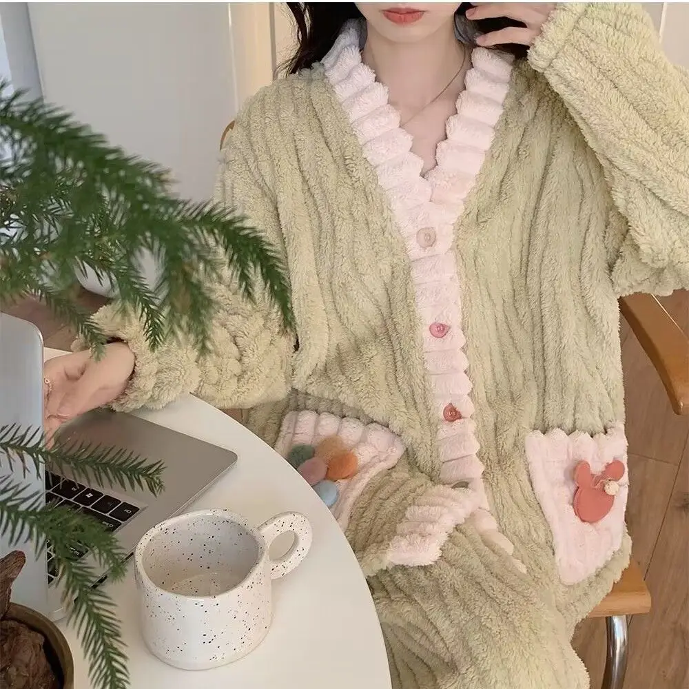 Thickened Warm Flannel Women Sleepwear Loungewear Cardigan Suit Winter Sweet Kawaii Soft Fairy Wind Ladies Pajamas Homewear