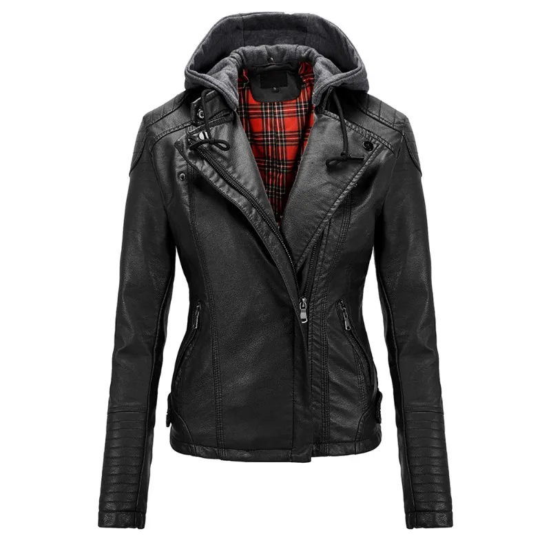 

New Grid Leather Jacket Women Autumn Vintage Faux Leather Slim-Fit Detachable Hat PU Coat Fashion Slant Zipper Women's Jackets