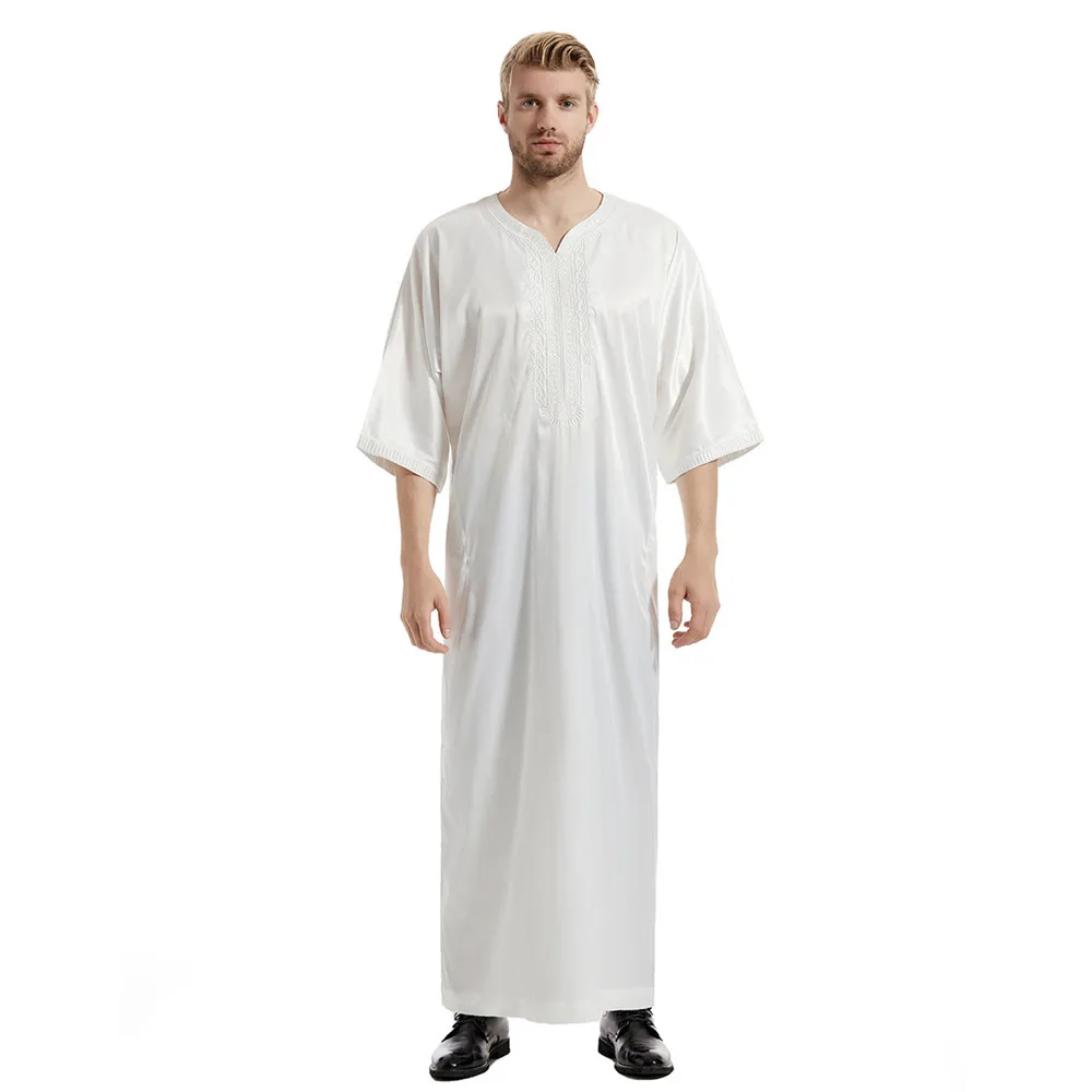 Satin Stripes Mens Muslim Dress Abayas Dubai Casual Kaftan Robe Islamic Short Sleeve Arabic Jubba Thobe Middle East Eid Ramadan