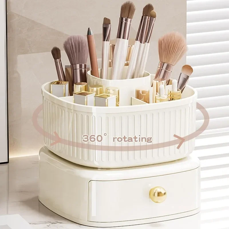 360° Rotating Makeup Brushes Holder with Drawer 5 Slot Makeup Brushes Lipstick Storage Box Desktop Cosmetics Tools Orangizer Box