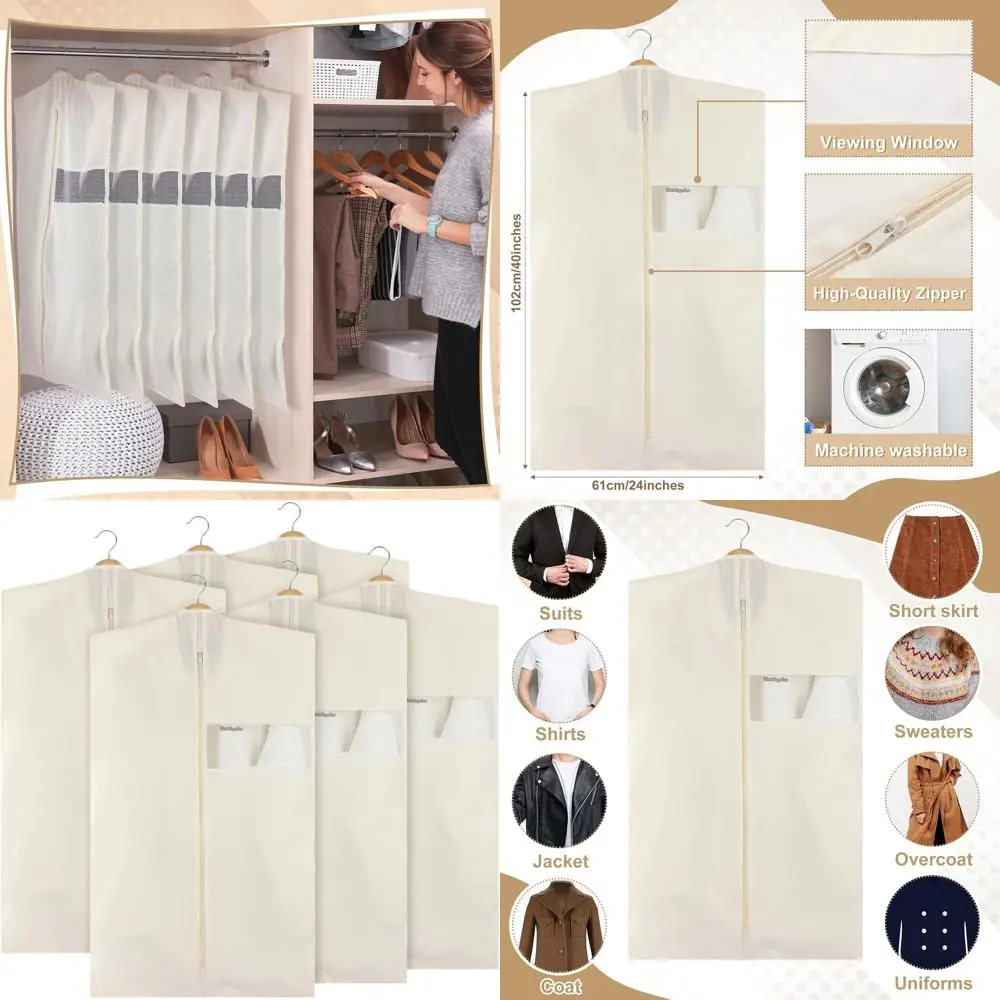 

6-Pack 24x40 Cotton Hanging Garment Bags, Canvas Suit Covers for Clothes, Coats, Jackets, Shirts, and Closet Storage