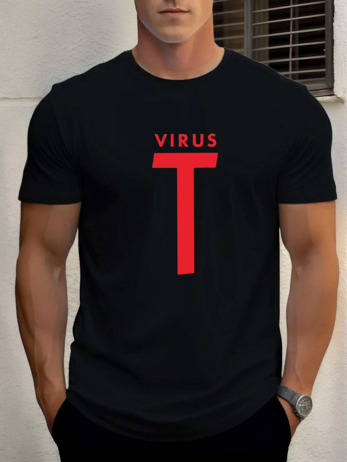 

2025 Summer Men's Cotton T Shirt VIRUS Trendy Print Round Neck T-Shirt Casual Breathable Street Style Daily Top