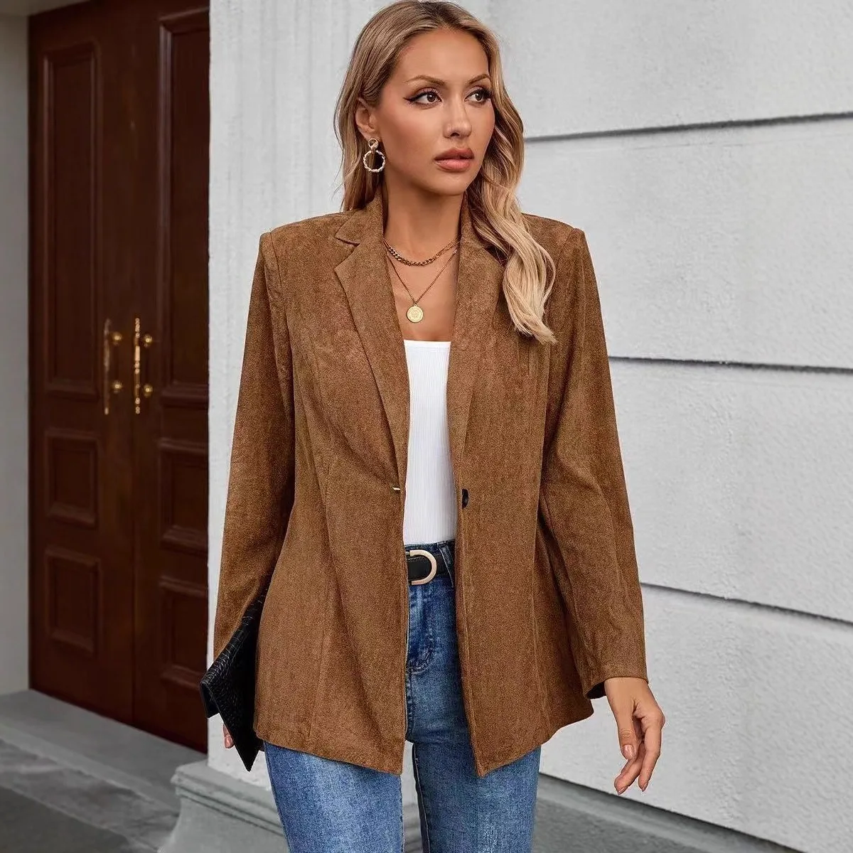 Elegant Pure Color One Button Women's Suit Artistic Loose Fit Long Sleeve Cotton Linen Commute Workwear Classic Single Button