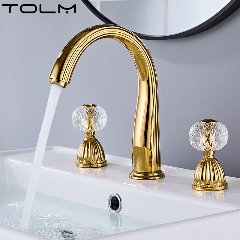 TOLM-grifos de baño de Oro pulido, mezclador de lavabo cuadrado, grifo de lavabo Gourmet, grifo de agua fría y caliente moderno de latón