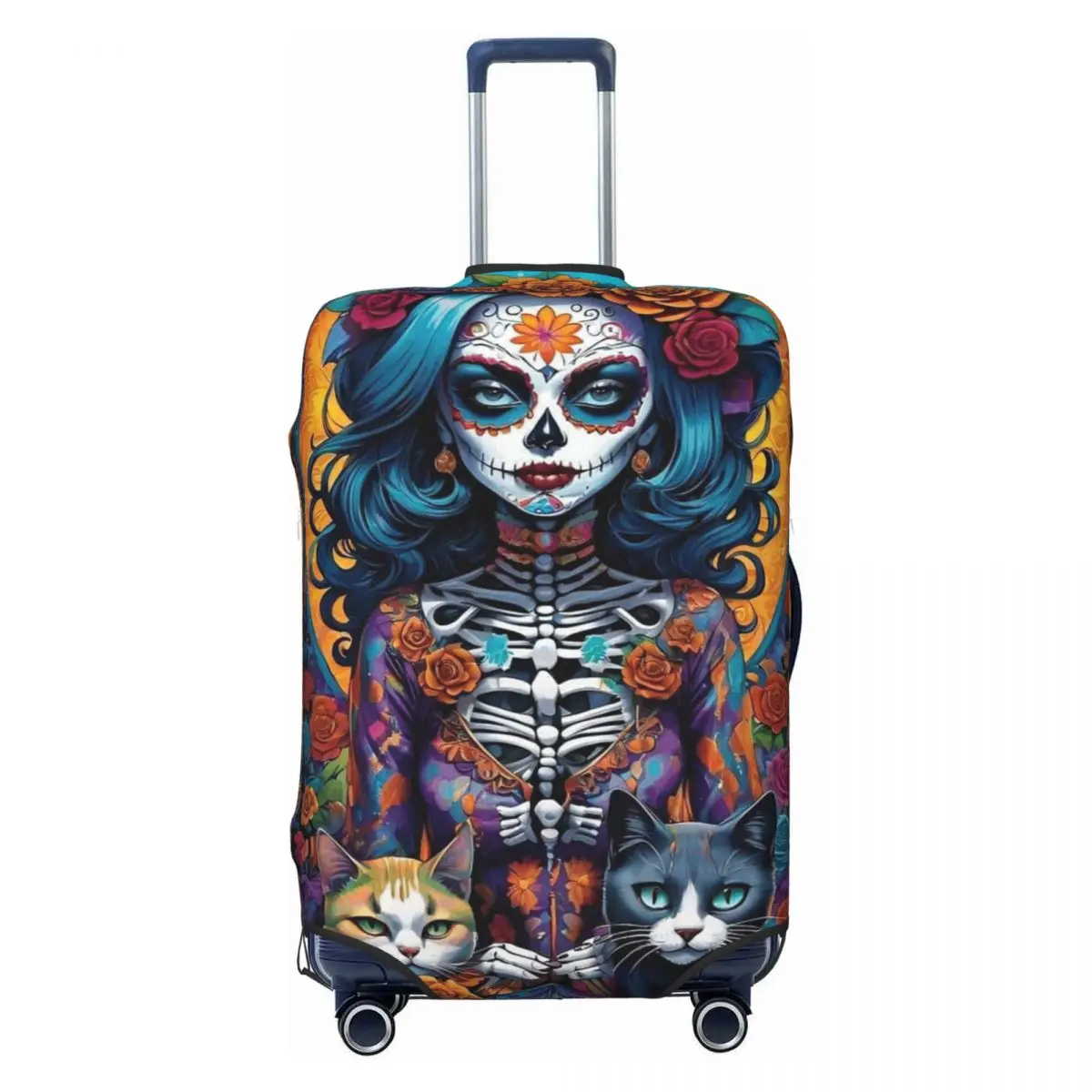 

Custom Halloween Sugar Skull Cat Lady Luggage Cover Elastic Travel Suitcase Protective Covers Fits 18-32 Inch