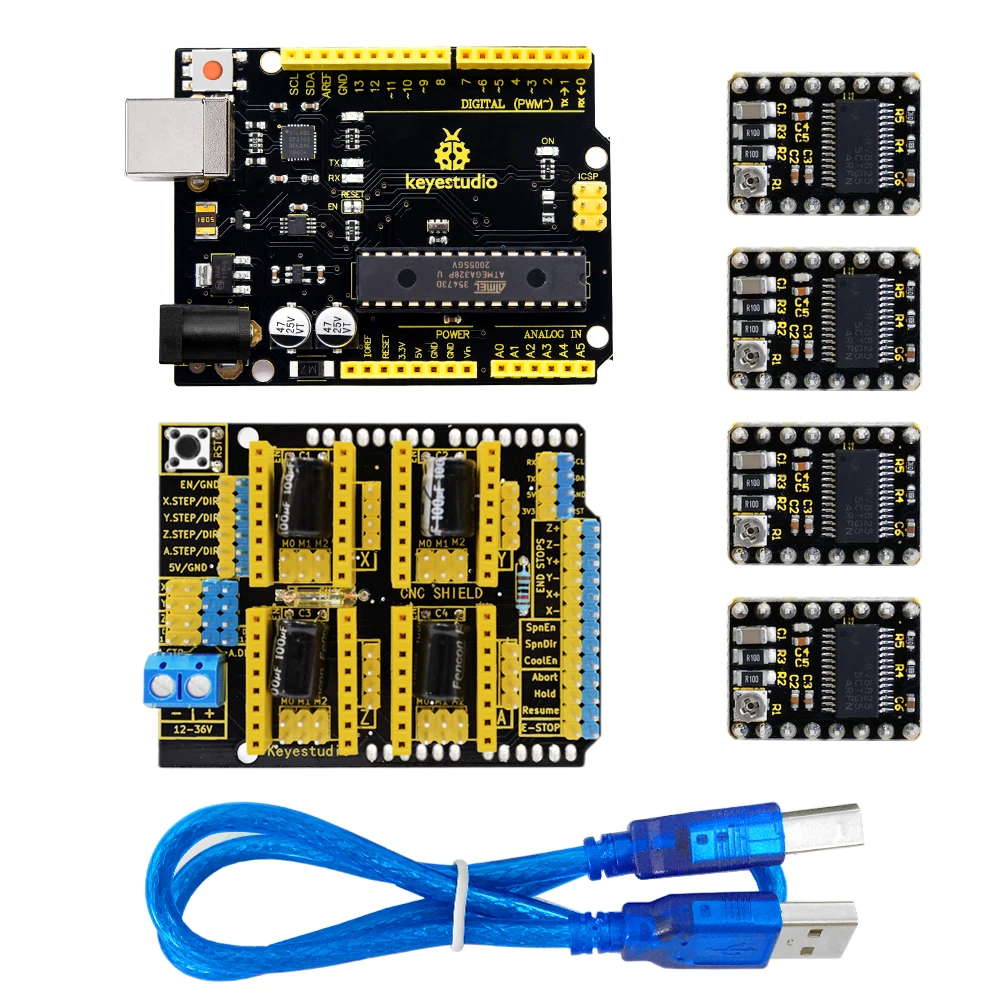 KEYESTUDIO CNC Kit CNC V3 Shield +UNOR3+ 4pcs DRV8825 driver /GRBL compatible For Arduino Engraving Machines 4-Axis Support