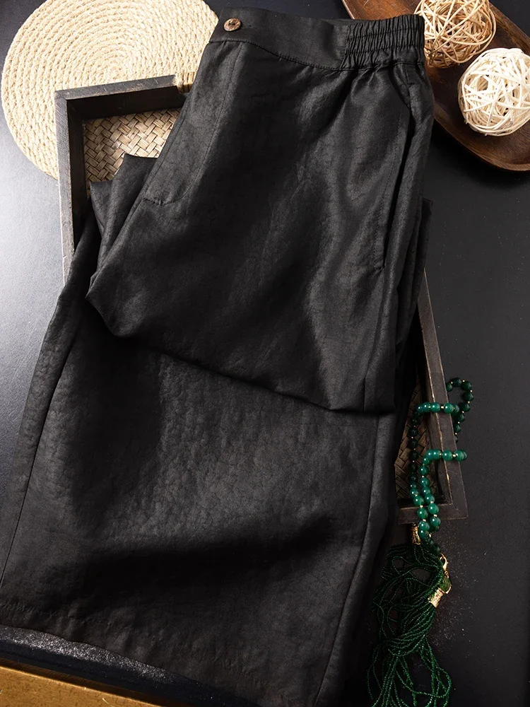 Women's Fashion Autumn Clothing 100% Natural Mulberry Silk Gambiered Guangdong Gauze Black Casual Straight Leg Pants