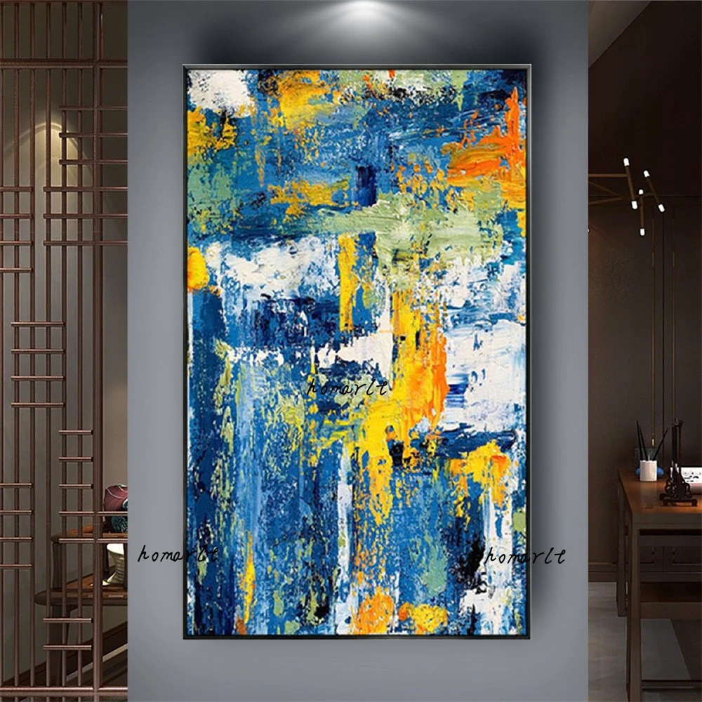 

Modern Blue Yellow Thick Texture Abstract Oil Paintings 100% Handmade Canvas Poster Wall Art Picture Decor Living Room Mural