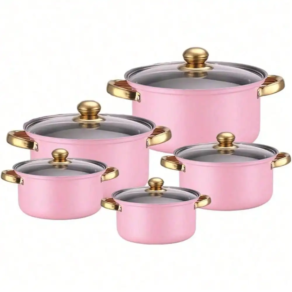 Pink Stainless Steel Cookware Set, Classic Home Pots Compatible With Gas, Electric, Halogen, Ceramic And Induction Stoves