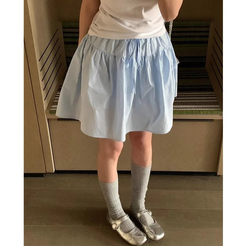 Cotton Casual Short A-line Skirt for Women High Waist Blue Elastic Waist Tie bow Sweet Loose Sports Skirt with Safety Shorts