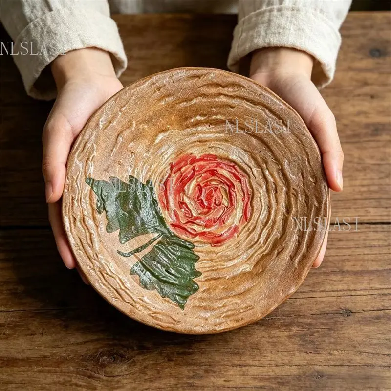 Vintage Rough Pottery Teapot Holder Hand Drawn Red Rose Pattern Embossed Texture Ceramic Tray For Tea Ceremony Decoration