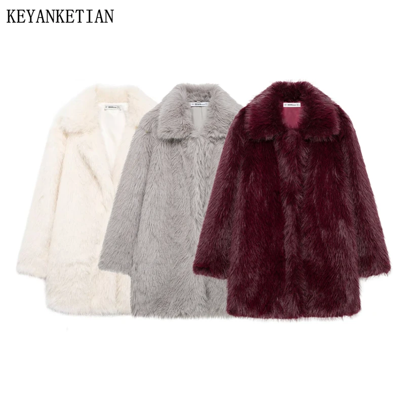 KEYANKETIAN Winter New Women's Solid color Faux Fur Coat Covered Button Mid-length Luxury Thick Warm Loose Furry Greatcoat Top