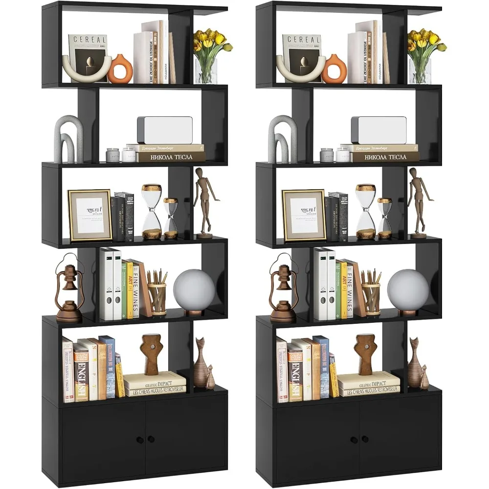 6-Tier S-Shaped Bookshelf with Cabinet Doors for Living Room, Freestanding Geometric Storage