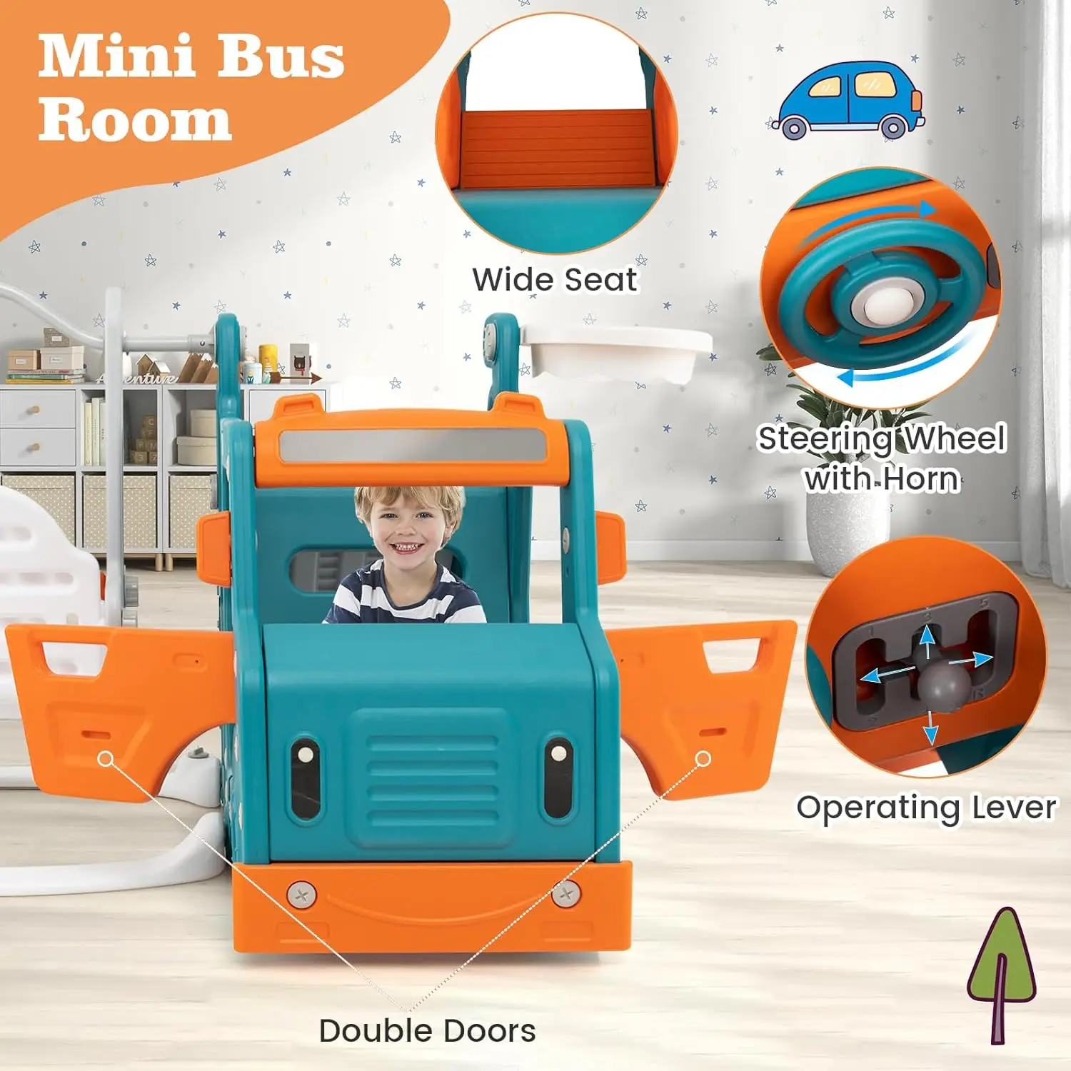 Ensemble toboggan et balançoire pour tout-petits 6 en 1, ensemble de jeu pour bus intérieur et extérieur avec balançoire pour bébé, panier de basket-ball, tunnel rampant, escalade pour enfants