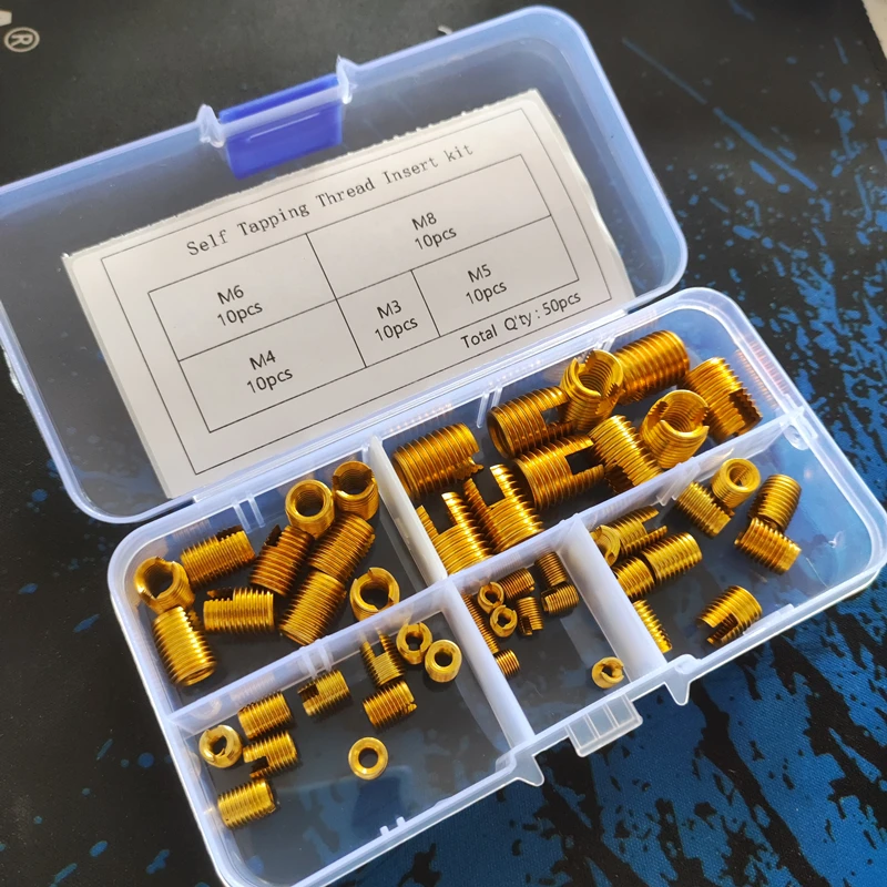50개/세트 M3, M4, M5, M6, M8 탄소강 셀프 태핑 나사 인서트 셀프 태핑 스크류 부싱 슬롯형 나사 수리 키트