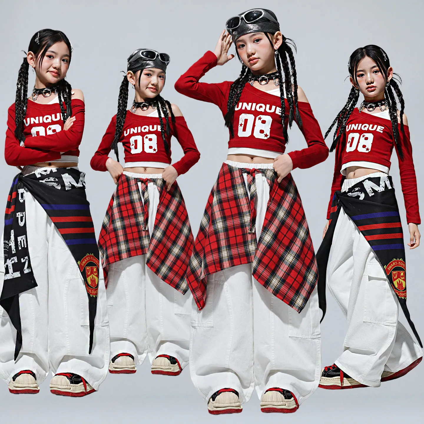 

Kid Kpop Hip Hop Clothing Red One Shoulder Crop T Shirt White Curved Blade Cargo Pants for Girls Street Dance Costumes Clothes