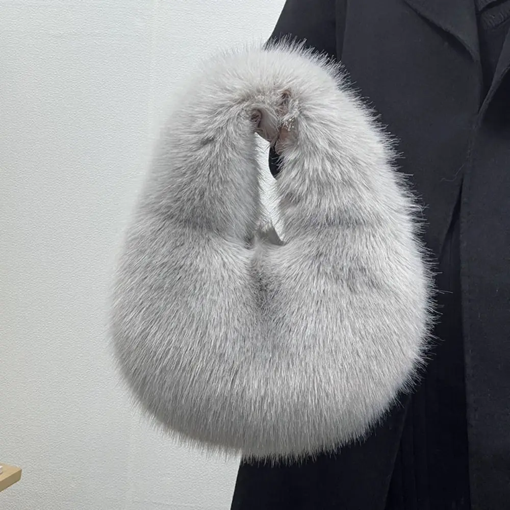 Luxury Soft Plush Half Moon Bag Fluffy Party Clutch Bag Lady Handbags Female Winter Purse Faux Fur Casual Tote Bag