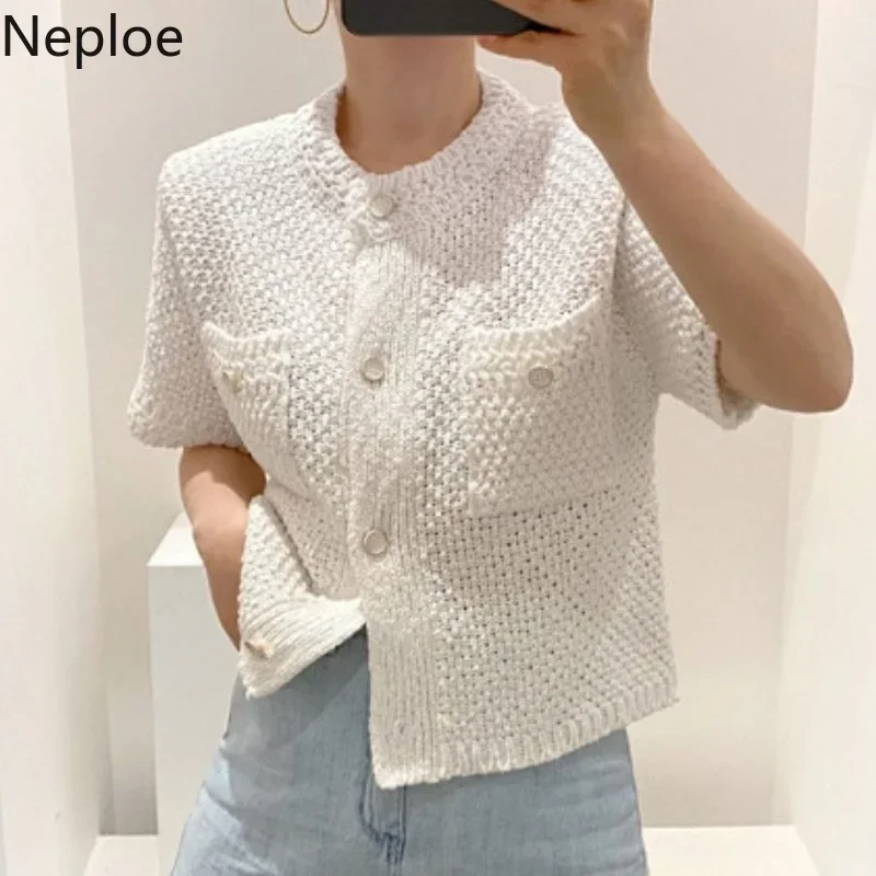 Neploe Korean Cardigan Women Clothing Short Sleeve Single Breasted Sweater O Neck Knit Black Tops 2023 Fashion White Coat Femme