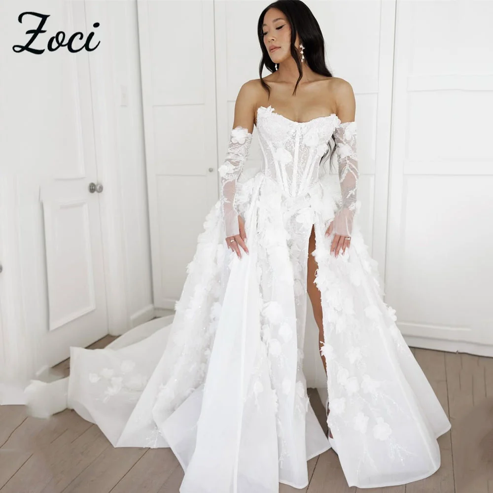 

Zoci Luxury 3D Flowers Boho Wedding Dresses Lace Appliques High Split Beach Bride Dress Customized Backless Corset Bride Dress