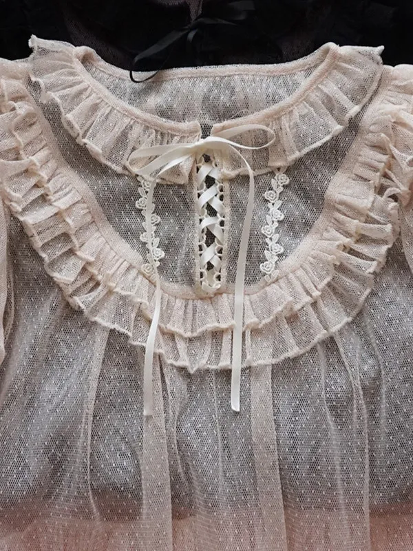 Japanese New Spring Summer Perspective Mesh Basic Shirts Cute Lace Lolita Top Elegant Ruffles Puff Sleeve Women Pullover Top