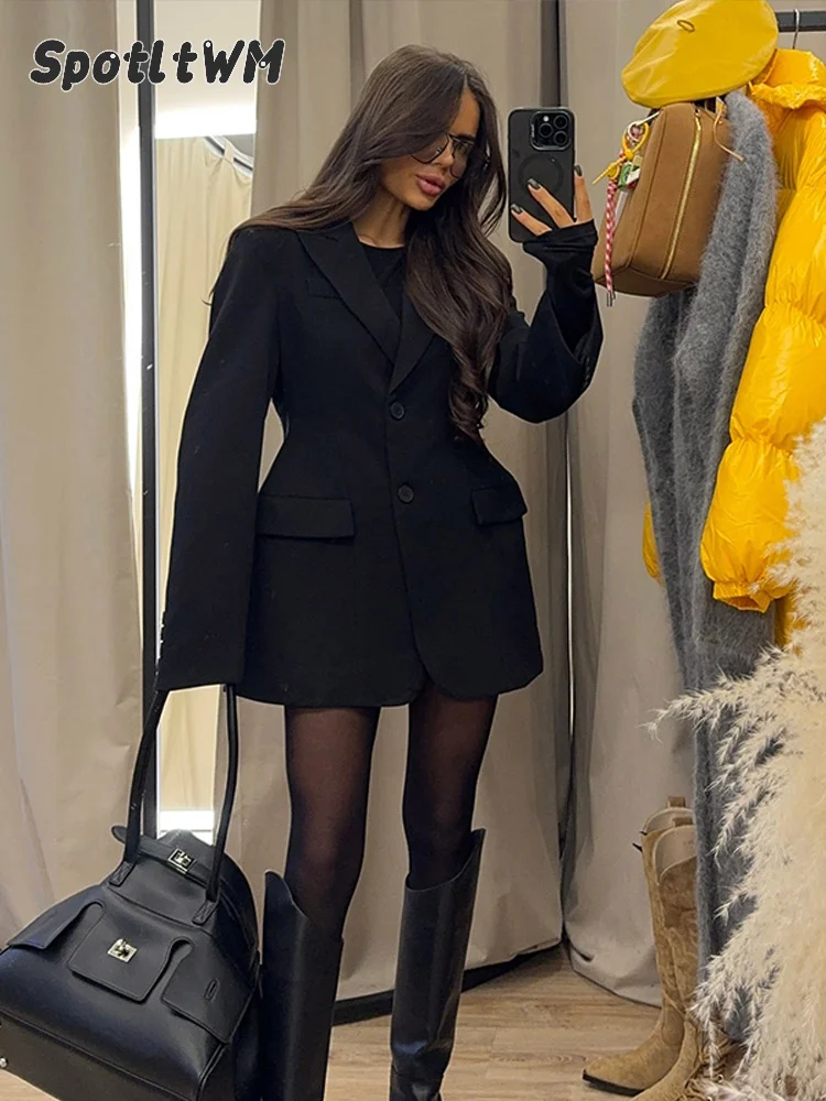 Classic Black Lapel High Waist Buttons Suit Overcoat Elegant Single Breast Pocket Short Blazer Coat Women Chic Commute Outerwear