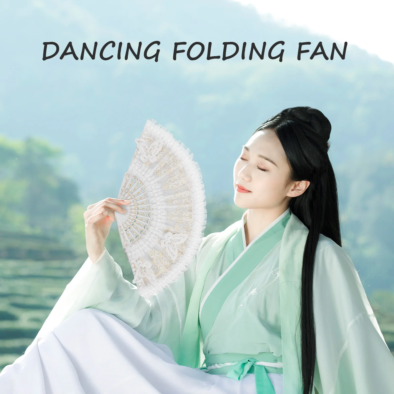 

Chinese Cloth Fans Lace Trim Folding Hand Fan For Women Dance Photography Props Wedding Vintage Decorative Fan