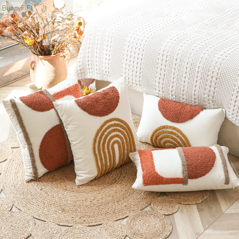 Circle Cushion cover 45x45cm/30x50cm Burnt Half Orange Pillow Cover Gematric Tufted for Living Room Sofa Couch Bedroom Bed Chair