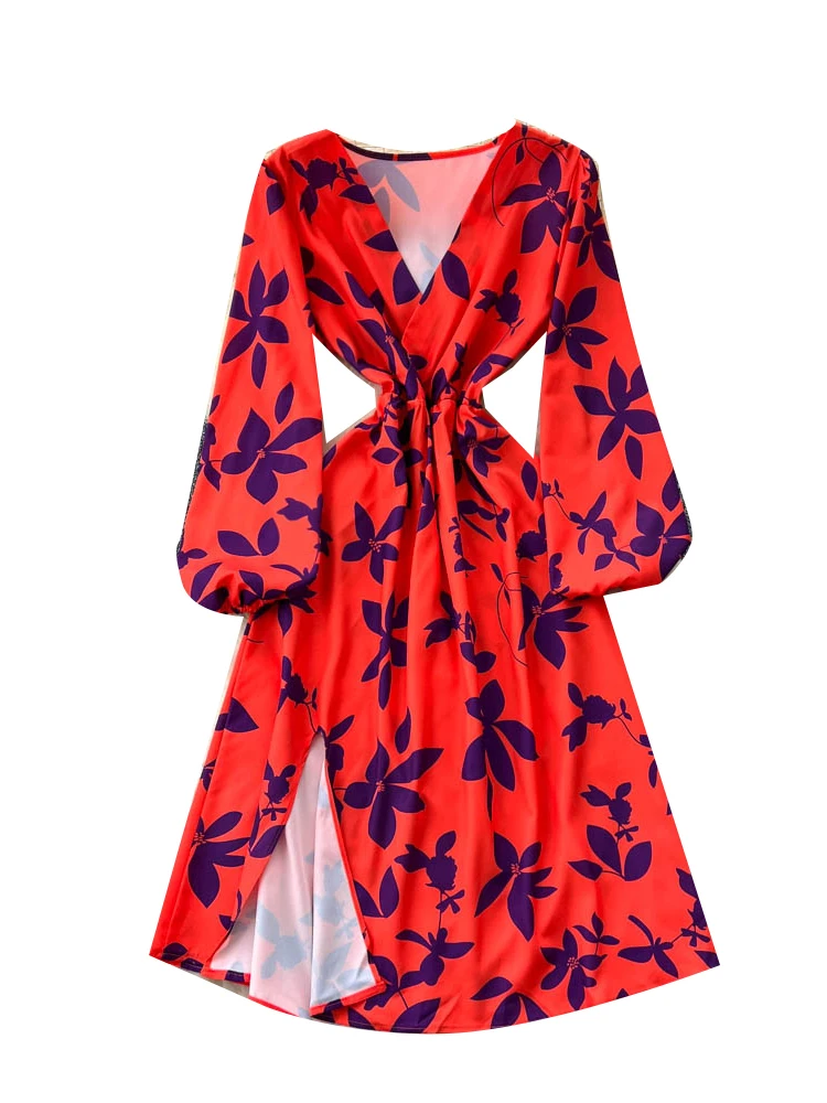 Faionable Vaion Dr Women's High Waist A-Line Printed Gown V-Ne Cross Design Slimming Split Long Sve Commute Ready