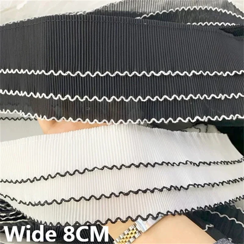 8CM Wide Three Layers White Black Chiffon Pleated Fabric Embroidered Ribbon Lace Collar Neckline Cuffs Trim DIY Sewing Supplies